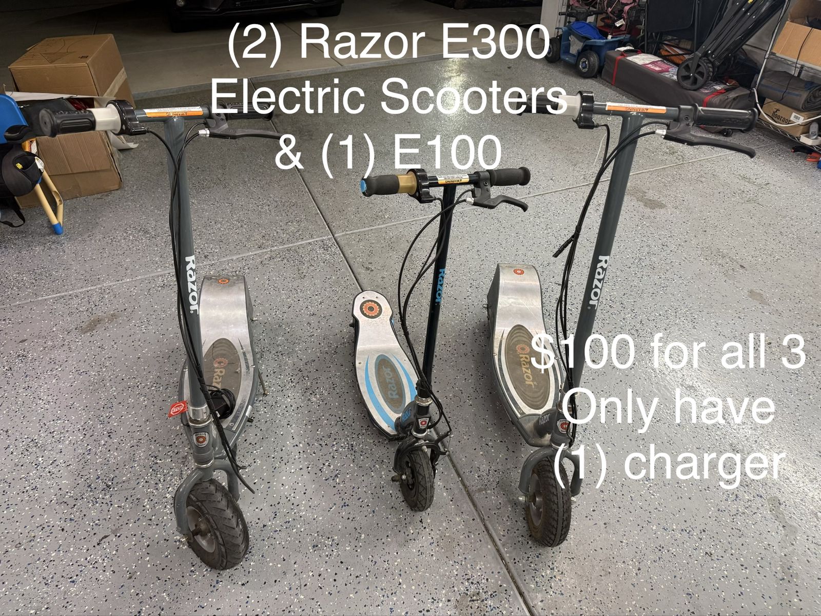Razor E300 & E100 Electric Scooters - Bundle of 3 (2x E300, 1x E100) - Used, 1 Charger