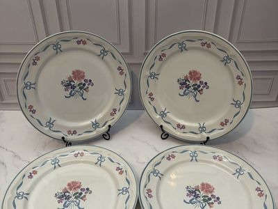 Vintage Victoria Newcor Blue Ribbon Floral Dinner Plates Set of 4