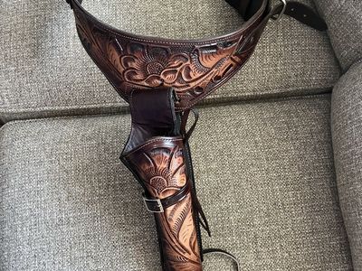 Hand-Tooled Leather Western Gun Holster and Cartridge Belt