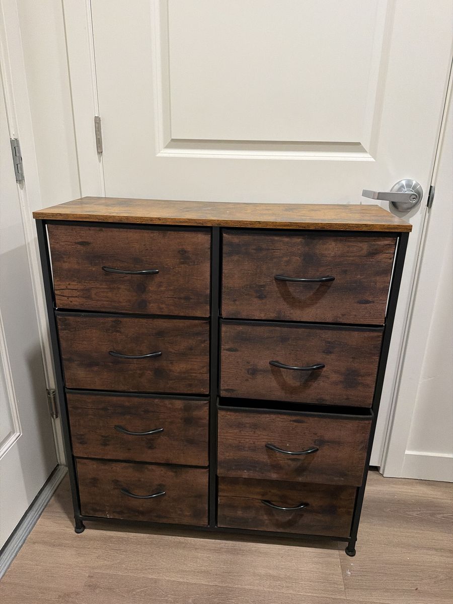 Industrial Fabric Dresser with 8 Drawers and Wooden Top