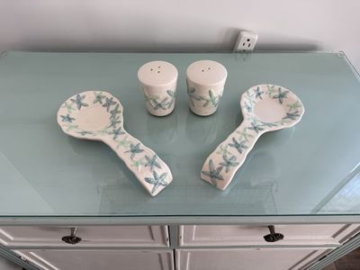 Beach Theme 2 Ceramic Spoon Rests and Salt and Pepper Shaker
