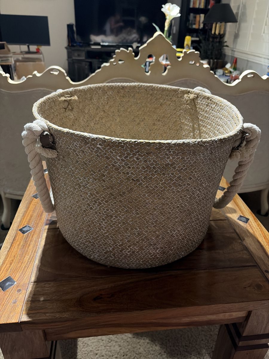 Large Flexible Woven Storage Basket with Rope Handles - Neutral Tan/White Finish