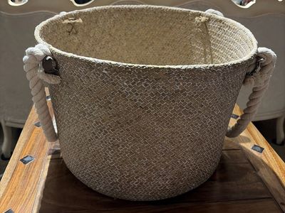 Large Flexible Woven Storage Basket with Rope Handles - Neutral Tan/White Finish