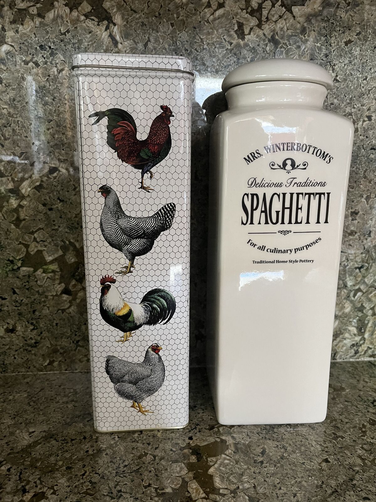Nice Rooster & Chicken Tin and a Spaghetti Canister/Storage Container - England