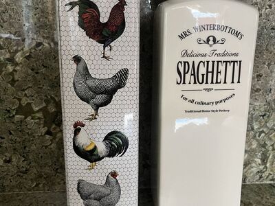Nice Rooster & Chicken Tin and a Spaghetti Canister/Storage Container - England