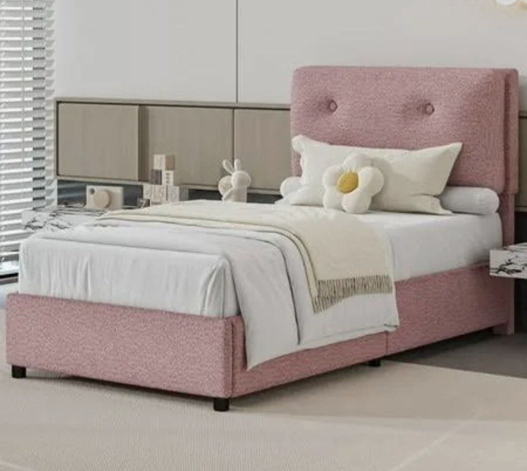 (not main photo)  Pink Fabric Twin Bed Frame with Wood Slats - New in Box