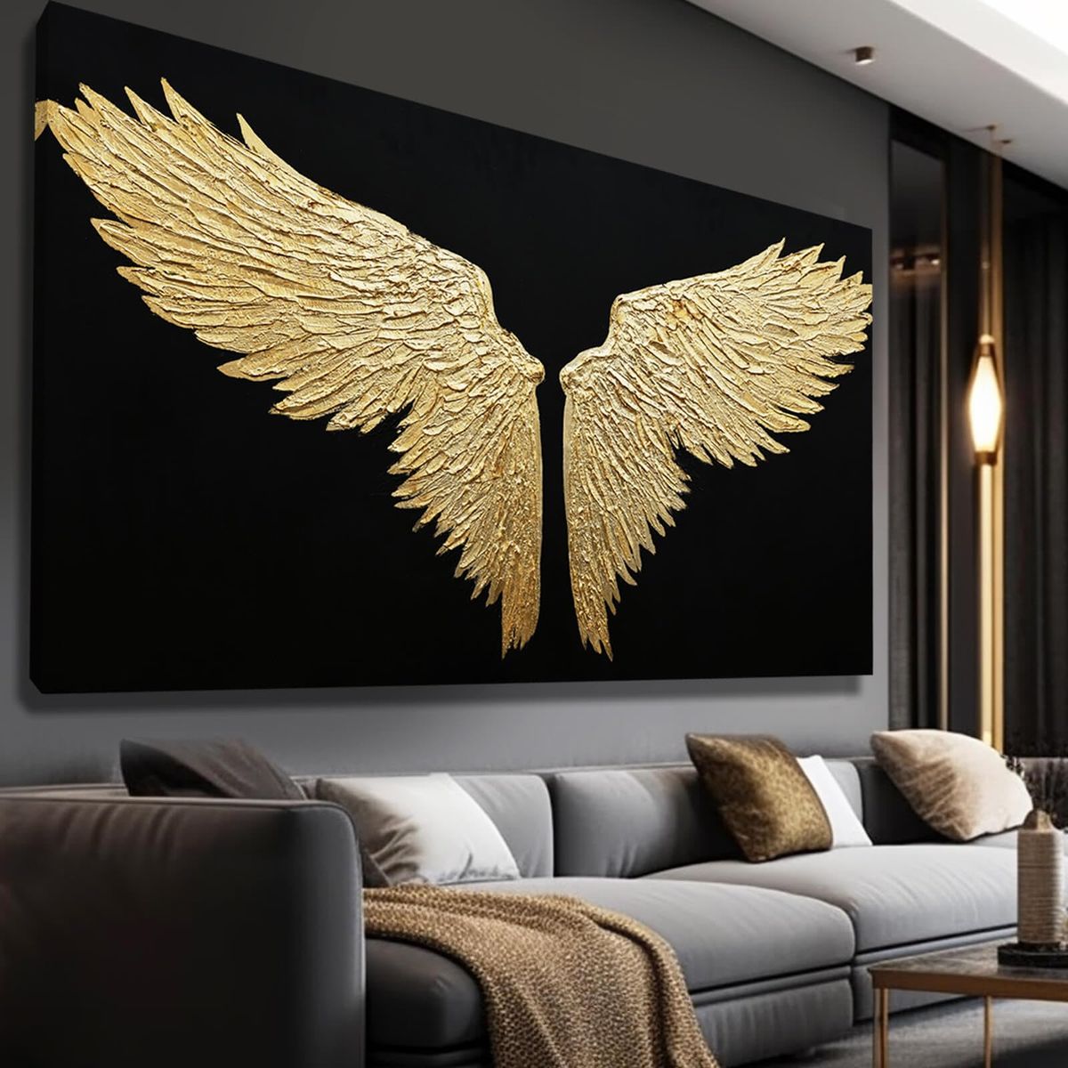 New Large Canvas Art Black Abstract Wall Decor Gold Bird Painting Modern Wall Art 29x58