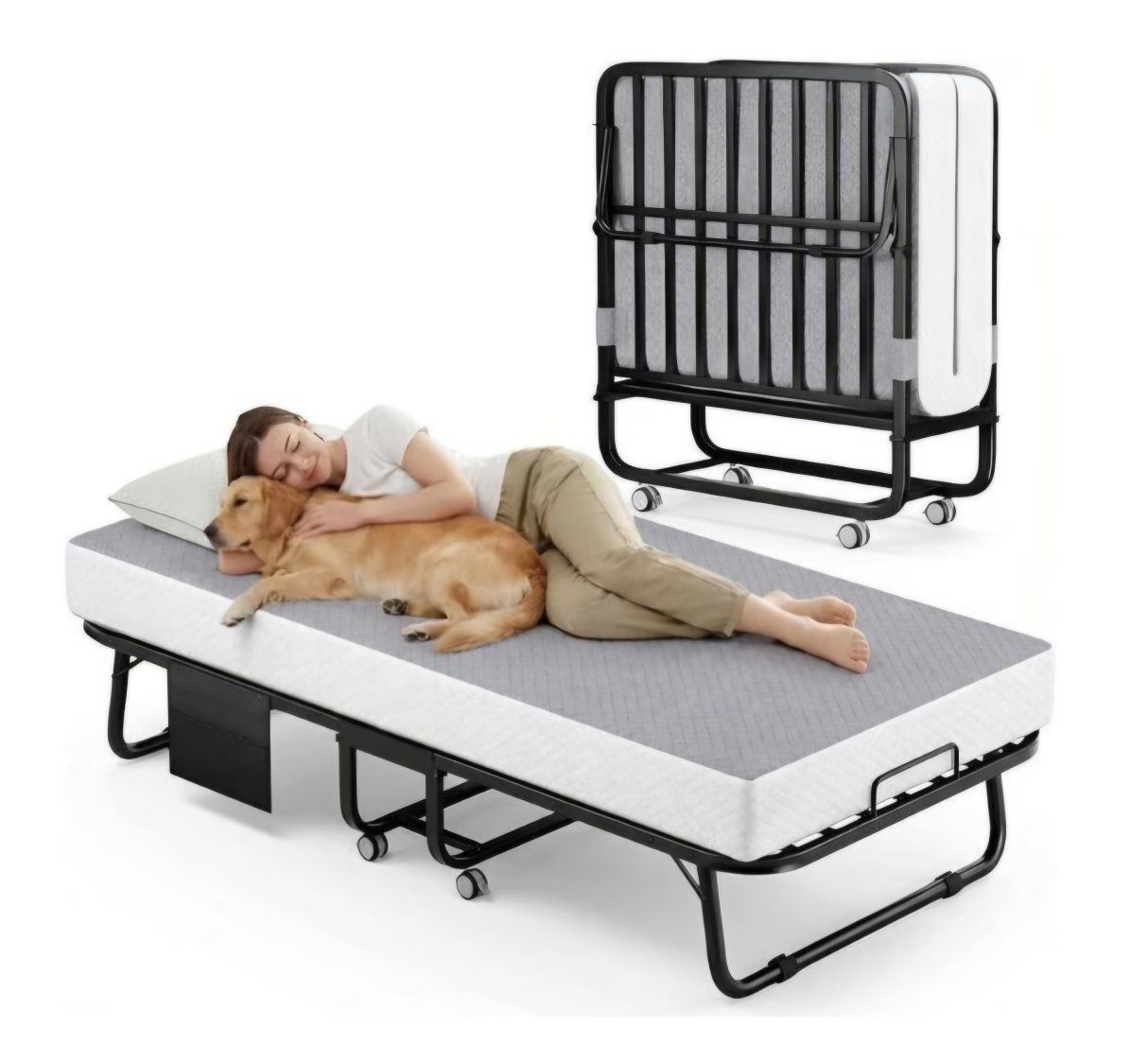 Decofy Folding Bed with Memory Foam Mattress, Portable Rollaway Guest Beds on Wheels, 75"x31" Twin Size Space-Saving Cot-Size Be