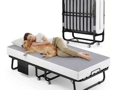 Decofy Folding Bed with Memory Foam Mattress, Portable Rollaway Guest Beds on Wheels, 75"x31" Twin Size Space-Saving Cot-Size Be