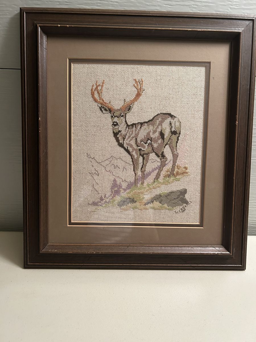 Framed Deer Needlepoint / Cross Stitch Artwork – Rustic Cabin Decor - 16"W x 17"H