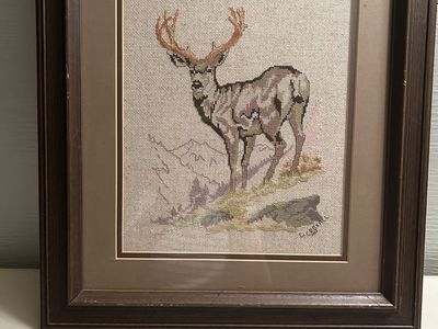 Framed Deer Needlepoint / Cross Stitch Artwork – Rustic Cabin Decor - 16"W x 17"H