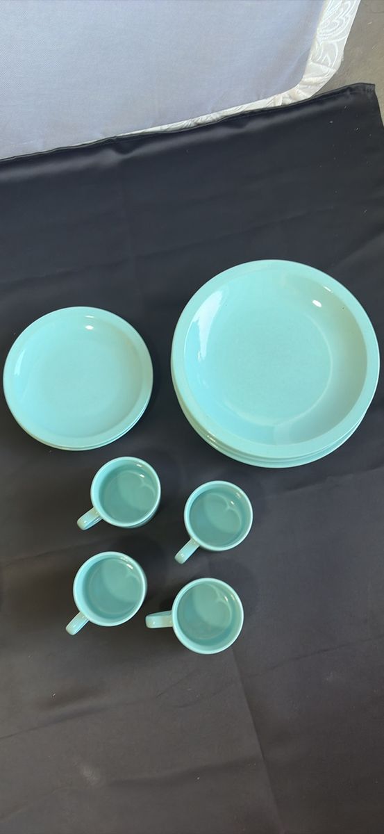 Vintage Light Blue Ceramic Dinnerware Set - Plates & Mugs