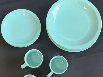 Vintage Light Blue Ceramic Dinnerware Set - Plates & Mugs