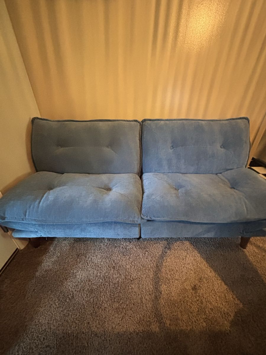 Convertible Blue Futon Sofa - Compact & Versatile Living Room Furniture