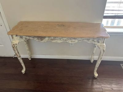 Distressed Wood Console Table with Scalloped Apron and Cabriole Legs