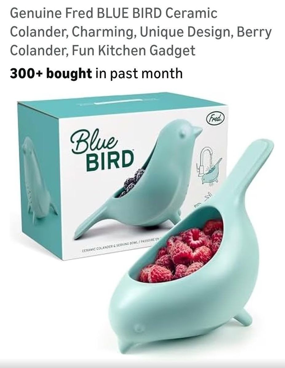 Genuine Fred Blue Bird ceramic colander and serving bowl in a light blue gray color