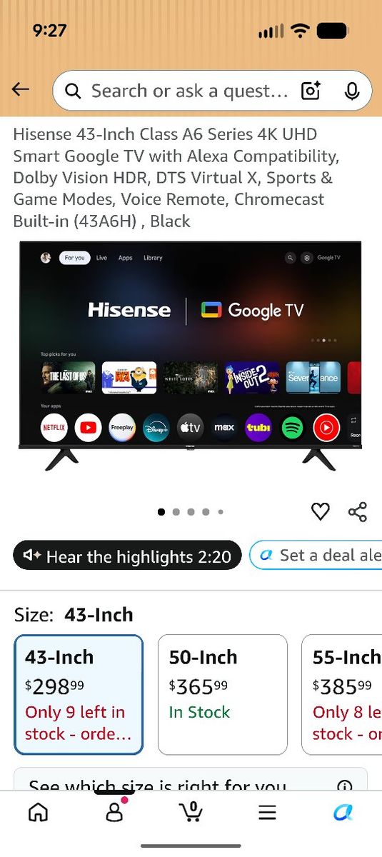 Hisense 43-Inch Class A6 Series 4K UHD Smart Google