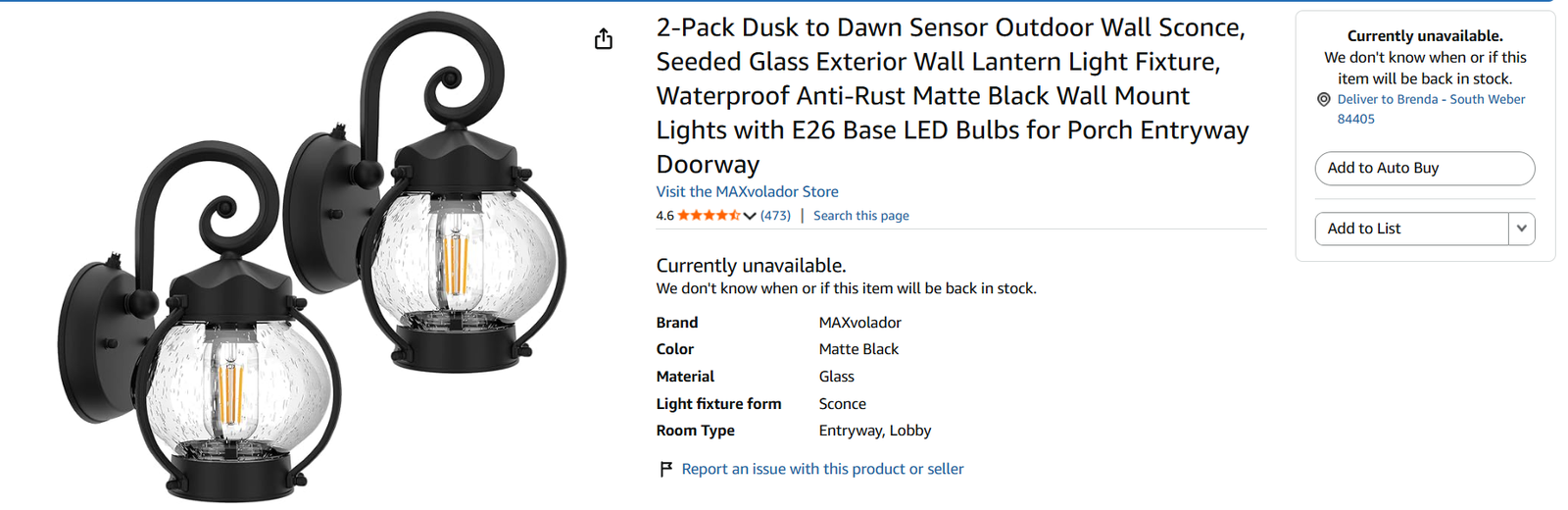2-Pack Dusk to Dawn Sensor Outdoor Wall Sconce, Seeded Glass Exterior Wall Lantern Light Fixture