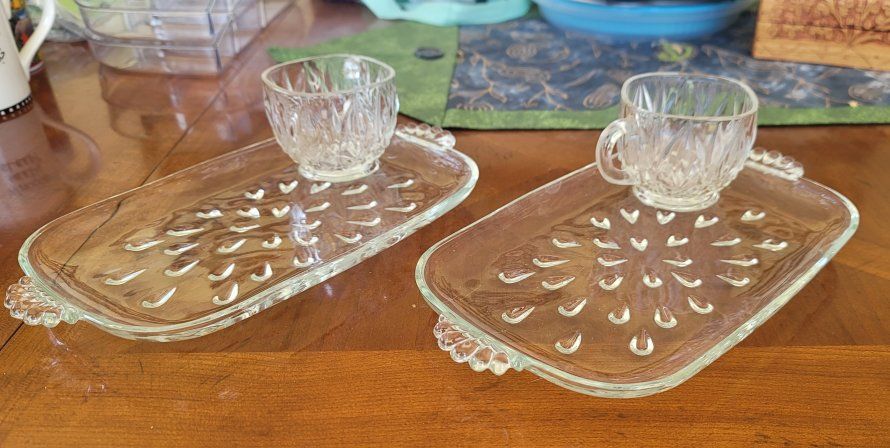 Cute Pair Vintage Glass Tray and Teacup Luncheon Snack Trays