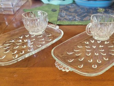 Cute Pair Vintage Glass Tray and Teacup Luncheon Snack Trays