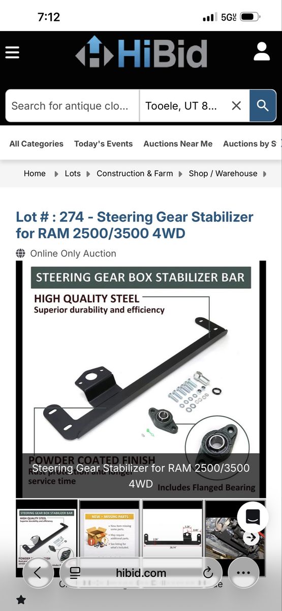 Dodge Ram 2500/3500 4WD Steering Gear Stabilizer Bar, 2003-2008, Missing 2 Lock Nuts