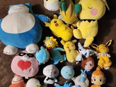 Assorted Plush Toys Lot Featuring Pokemon Snorlax Pichu Jolteon Maggie Simpson