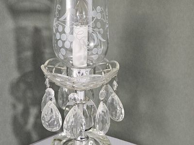 Hurricane Lamp with Hanging Prisms and Etched Grape Design, Vintage Clear Glass