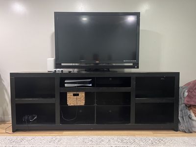 Black Wood Entertainment Center TV Stand with Multiple Storage Shelves
