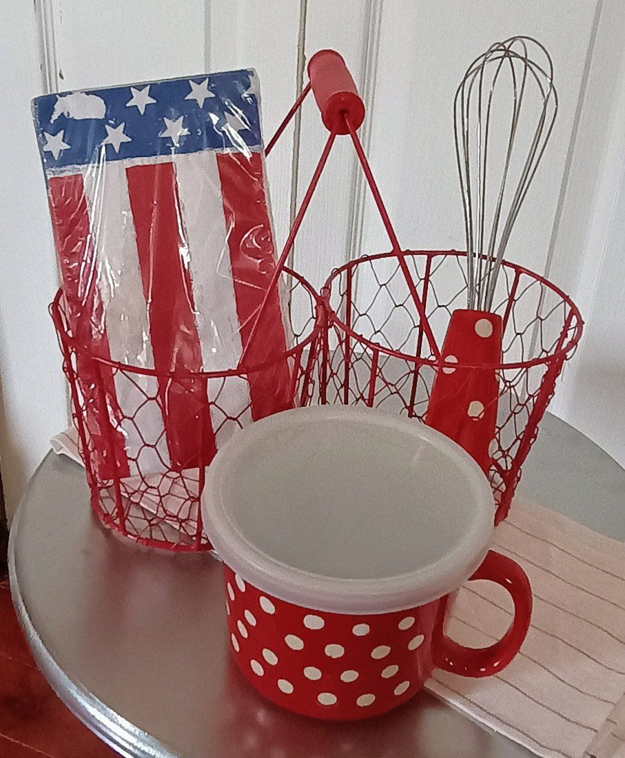 Red Mug, Wire Basket, Paper Napkins, Whisk