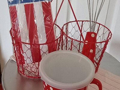 Red Mug, Wire Basket, Paper Napkins, Whisk