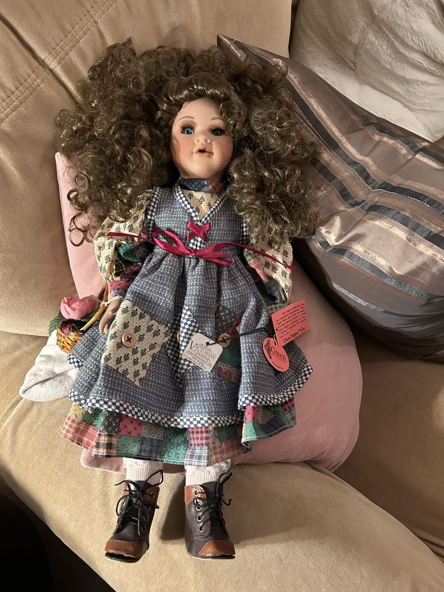 Victorian Charm Gwen Porcelain Doll - 16" Tall, Brown Curly Hair, Quilted Dress - New with Tags