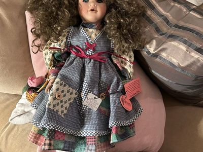 Victorian Charm Gwen Porcelain Doll - 16" Tall, Brown Curly Hair, Quilted Dress - New with Tags