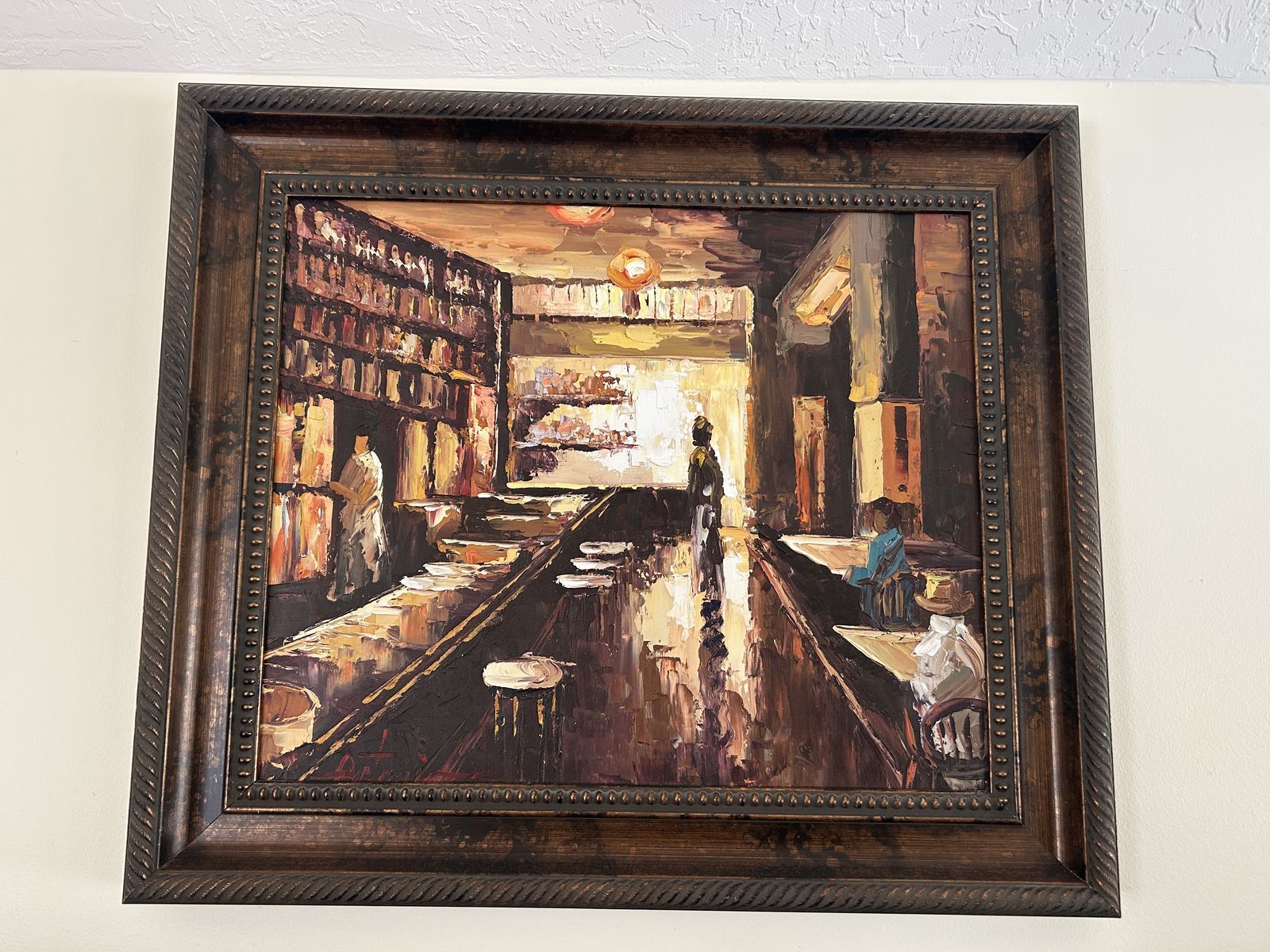 Large Framed Impressionist Restaurant Interior Oil Painting 30x26 Warm Bar Scene Wall Art