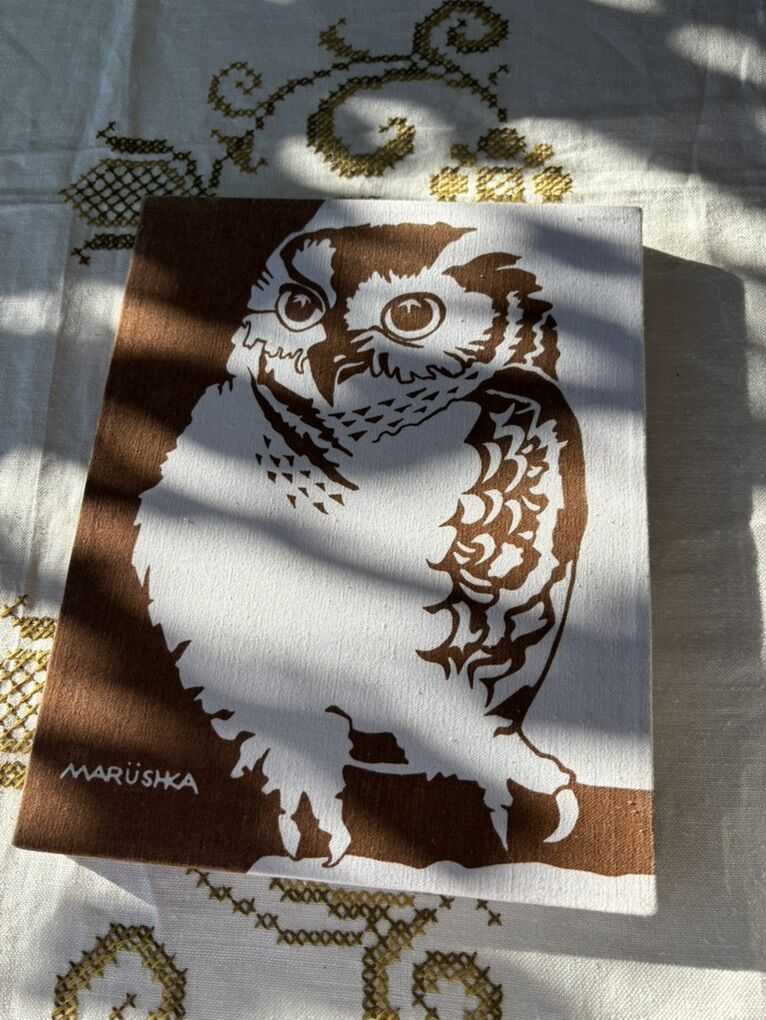 Vintage Owl Fabric Art Textile by Marushka
