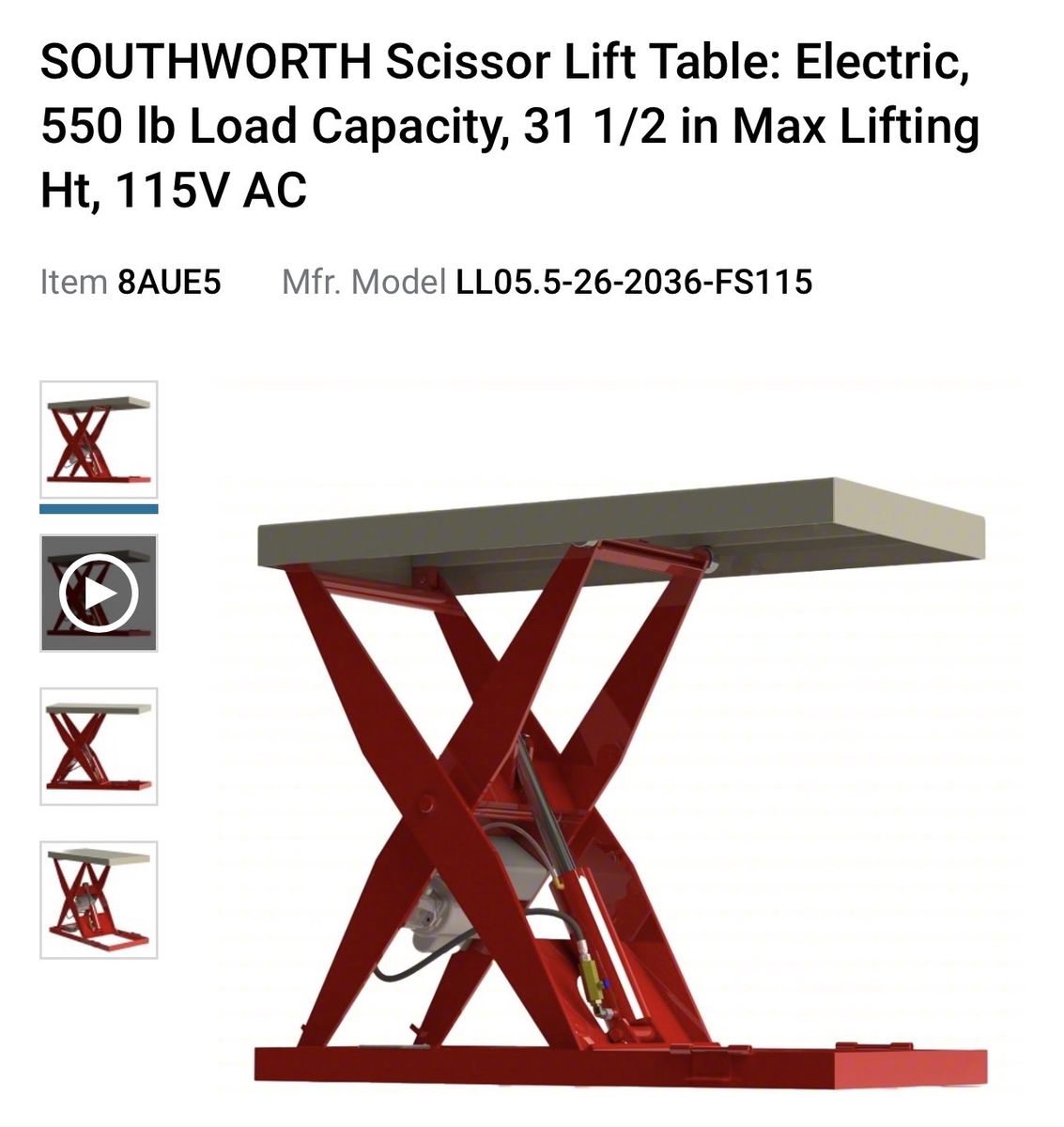 $1854 LESS THAN GRAINGER! BRAND NEW* Southworth 8AUE5 550 LB capacity electric scissor lift table