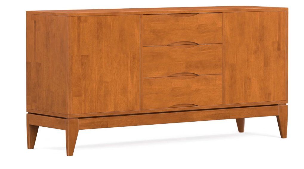 SIMPLIHOME Harper Buffet - 60 inch Wide Solid Hardwood 3-Door Sideboard Buffet in Teak Brown, Mid-Century Modern Storage Cabinet