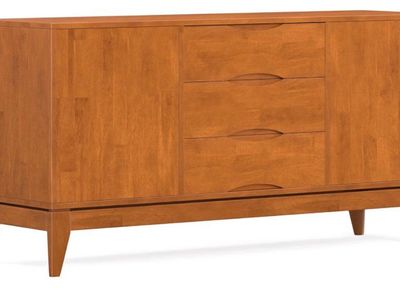 SIMPLIHOME Harper Buffet - 60 inch Wide Solid Hardwood 3-Door Sideboard Buffet in Teak Brown, Mid-Century Modern Storage Cabinet