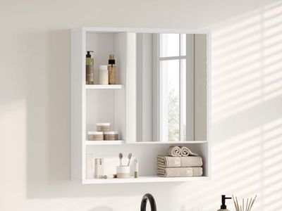 White Wall-Mounted Bathroom Medicine Cabinet with Mirror and Open Storage Shelves