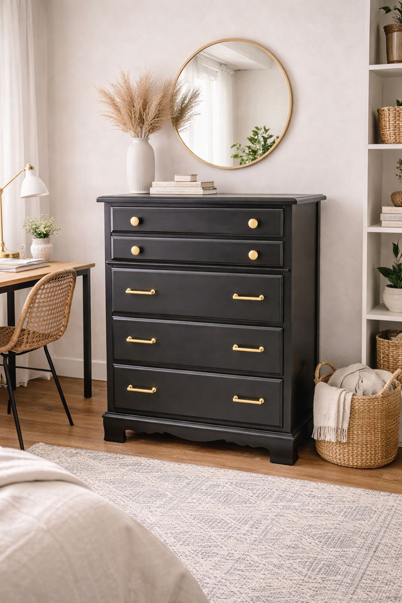 Black 5 Drawer Dresser with Gold Hardware