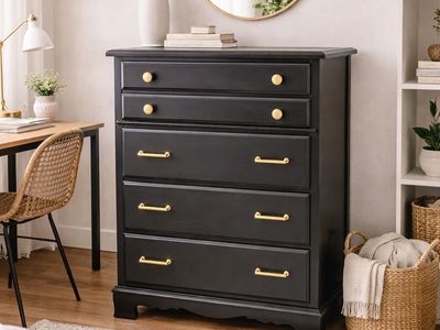 Black 5 Drawer Dresser with Gold Hardware