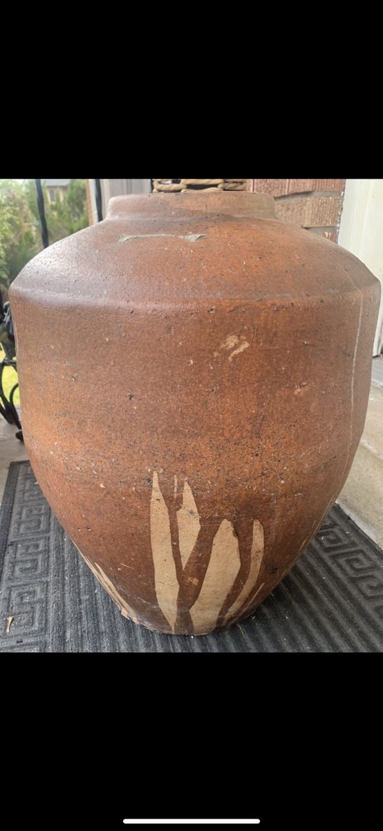 Antique Chinese Earthenware Floor Vase/Planter - Signed 19thC Wabi-Sabi