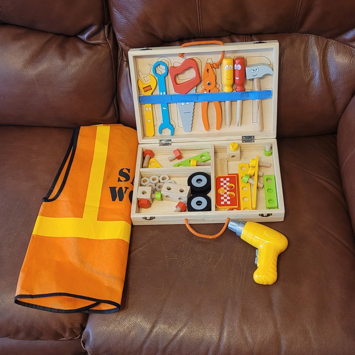 Children's wooden toy tool chest and vest