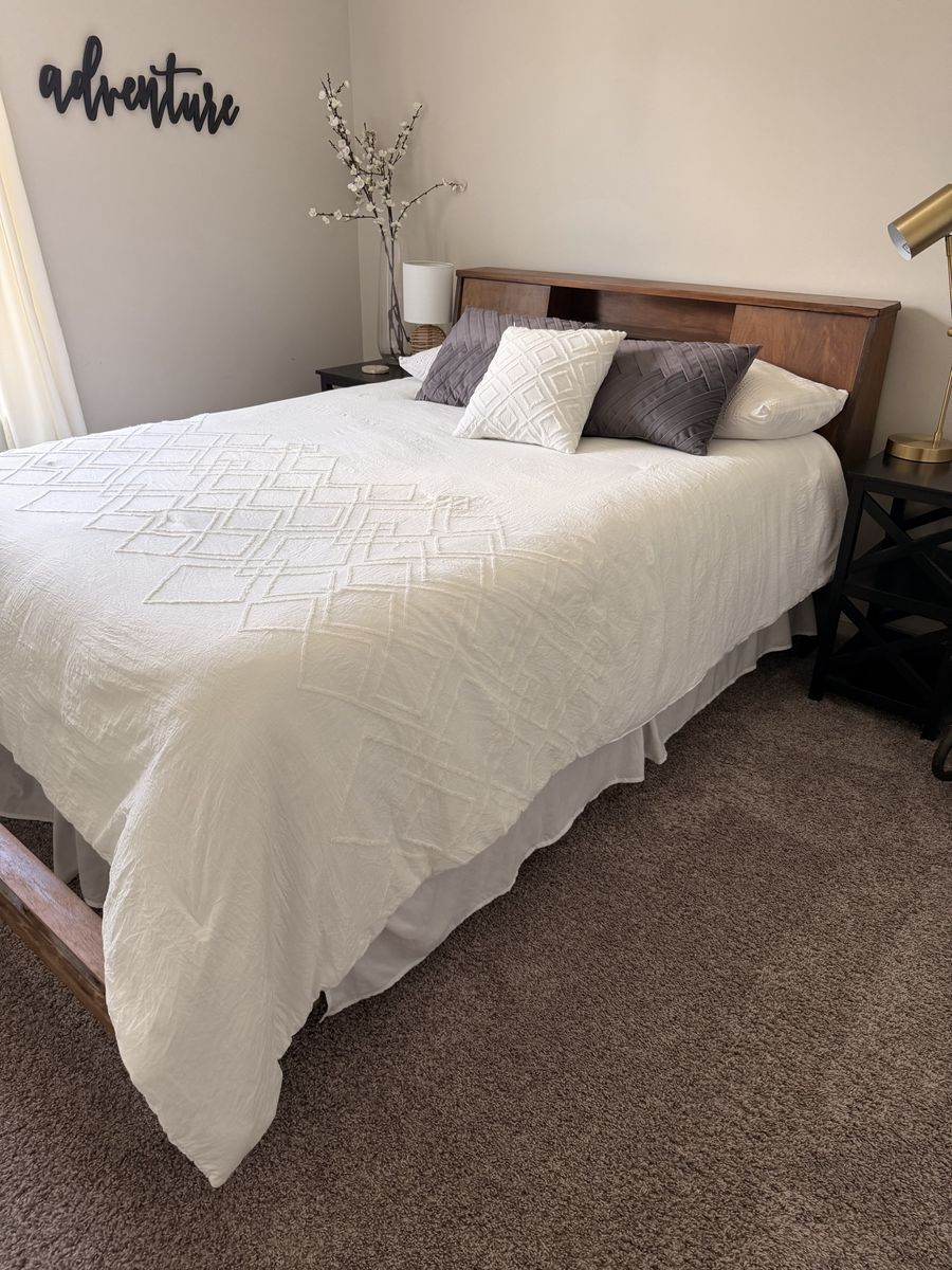 Wooden full size Bed Frame with  Headboard and Side Table