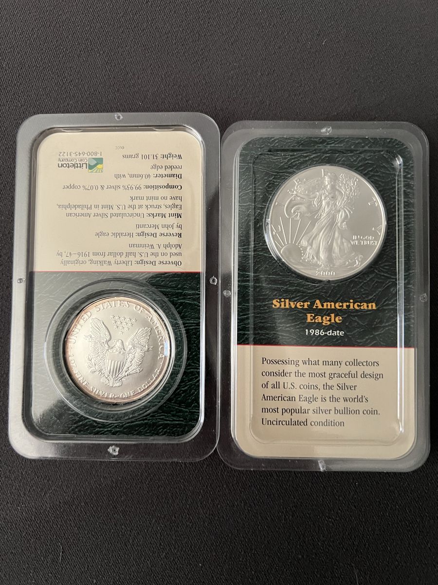 2000 Littleton Silver American Eagle Uncirculated 1 oz .9993 Fine Silver Coin, 40.6mm