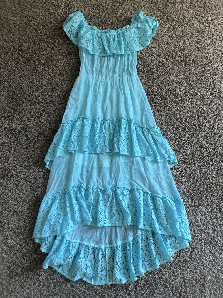 Light Blue Off-the-Shoulder Tiered Lace Dress with Hi-Low Hem - Size Small