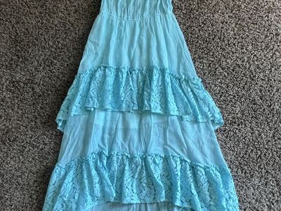 Light Blue Off-the-Shoulder Tiered Lace Dress with Hi-Low Hem - Size Small