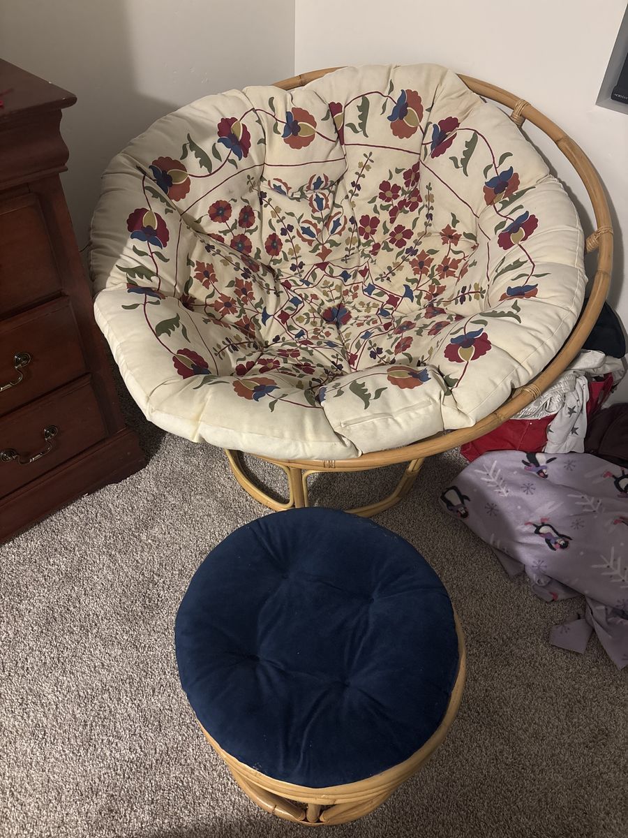 Vintage Papasan Chair with Floral Cushion & Matching Ottoman - Rattan Frame