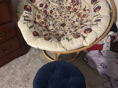Vintage Papasan Chair with Floral Cushion & Matching Ottoman - Rattan Frame