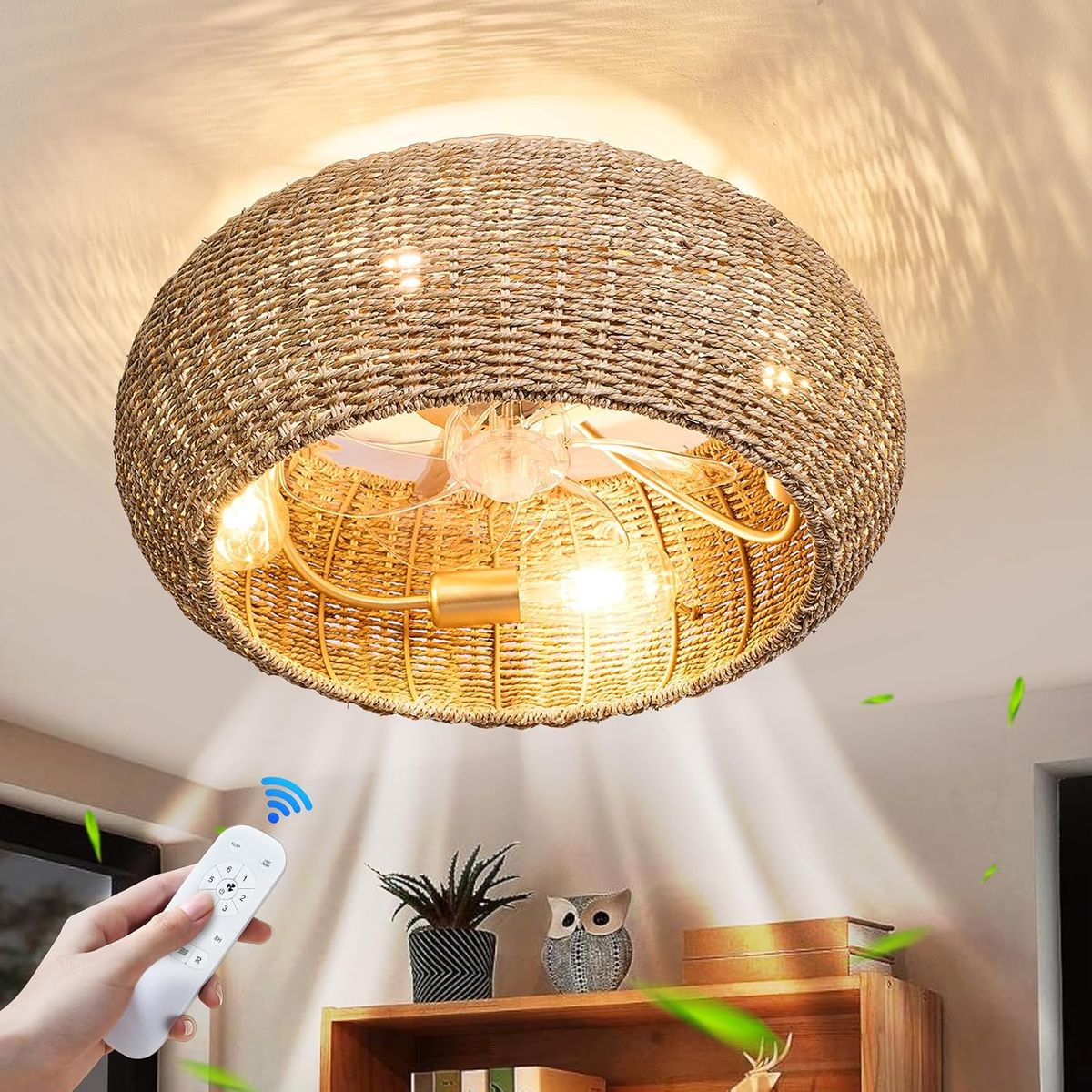BRAND NEW Rattan Ceiling Fan with Lights 19.7IN Boho Handwoven Caged Fandelier with Light