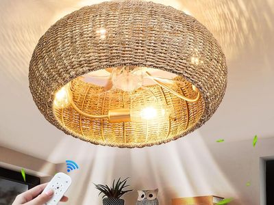BRAND NEW Rattan Ceiling Fan with Lights 19.7IN Boho Handwoven Caged Fandelier with Light